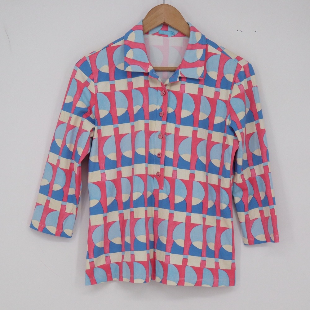 J.McLaughlin Top Womens M Geometric Pink Blue 3/4 Sleeve Button-Down Excellent